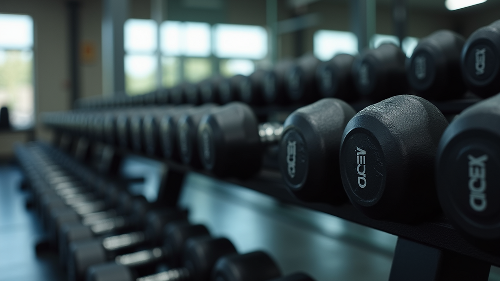 Close-up view of dumbbells arranged on a gym rack