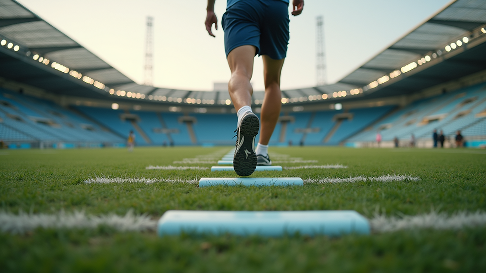 Eye-level view of an athlete performing ladder drills on a turf field