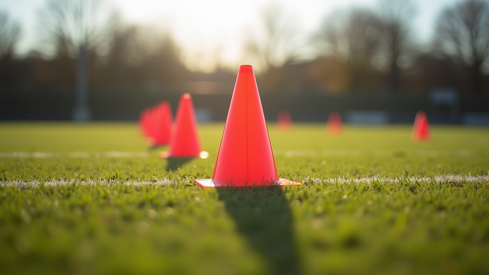 Close-up view of cones set up on a field for youth agility drills