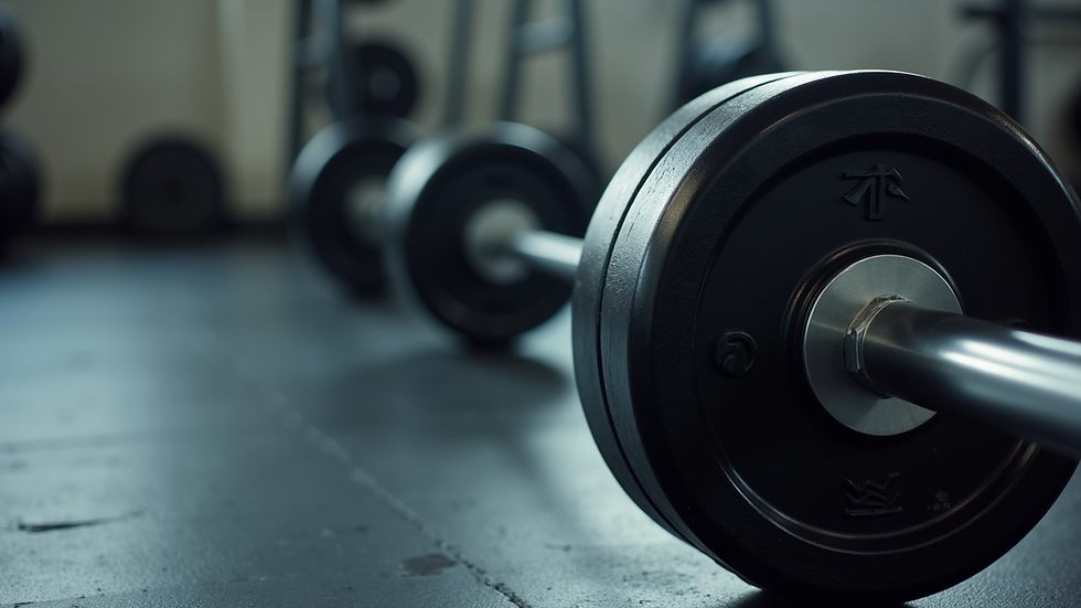 Close-up view of a barbell loaded with weights on a gym floor