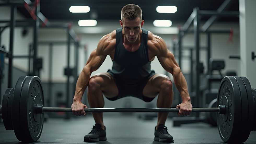 Close-up view of an athlete performing a squat with proper form in a gym
