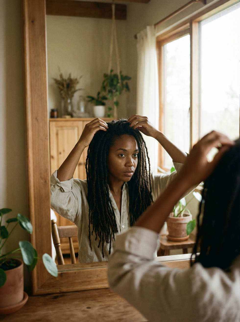 Femme noire regardant ses locks dans un miroir, cheveux locksés naturels, vérification de l’hydratation des locks