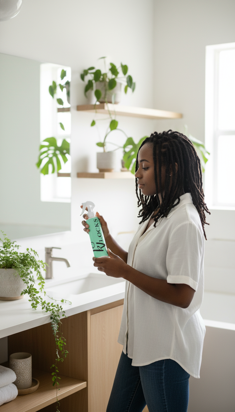 Femme locksée tenant à la main le VAPO#1, la brume hydratante à la composition naturelle pour les Locks qui retient l'hydratation