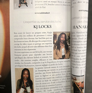 Article Gala consacré à KJ LOCKS, marque française experte des cheveux locksés, avec KayJo et les soins de la gamme.