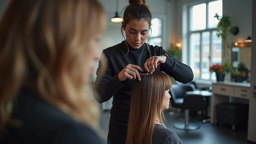 Eye-level view of a hairstylist trimming hair in a salon
