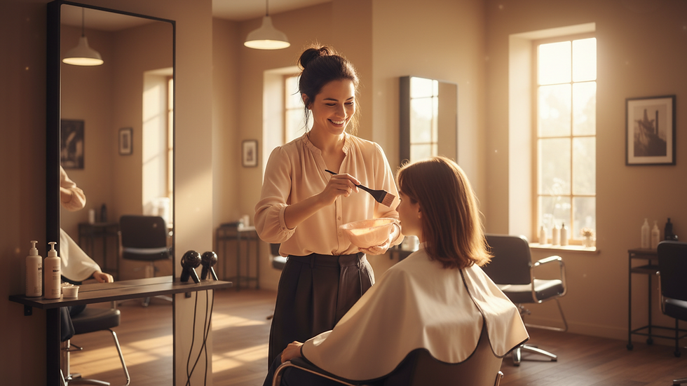 Eye-level view of hairdresser applying hair color in salon