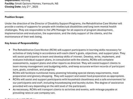 Rehabilitative Care Worker - PFT, Yarmouth, NS