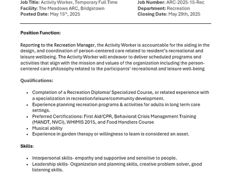 Recreation Activity Worker, TFT