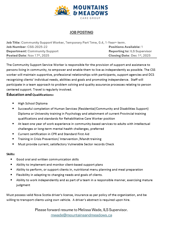 Community Support Worker, TPT 1-Year+ term