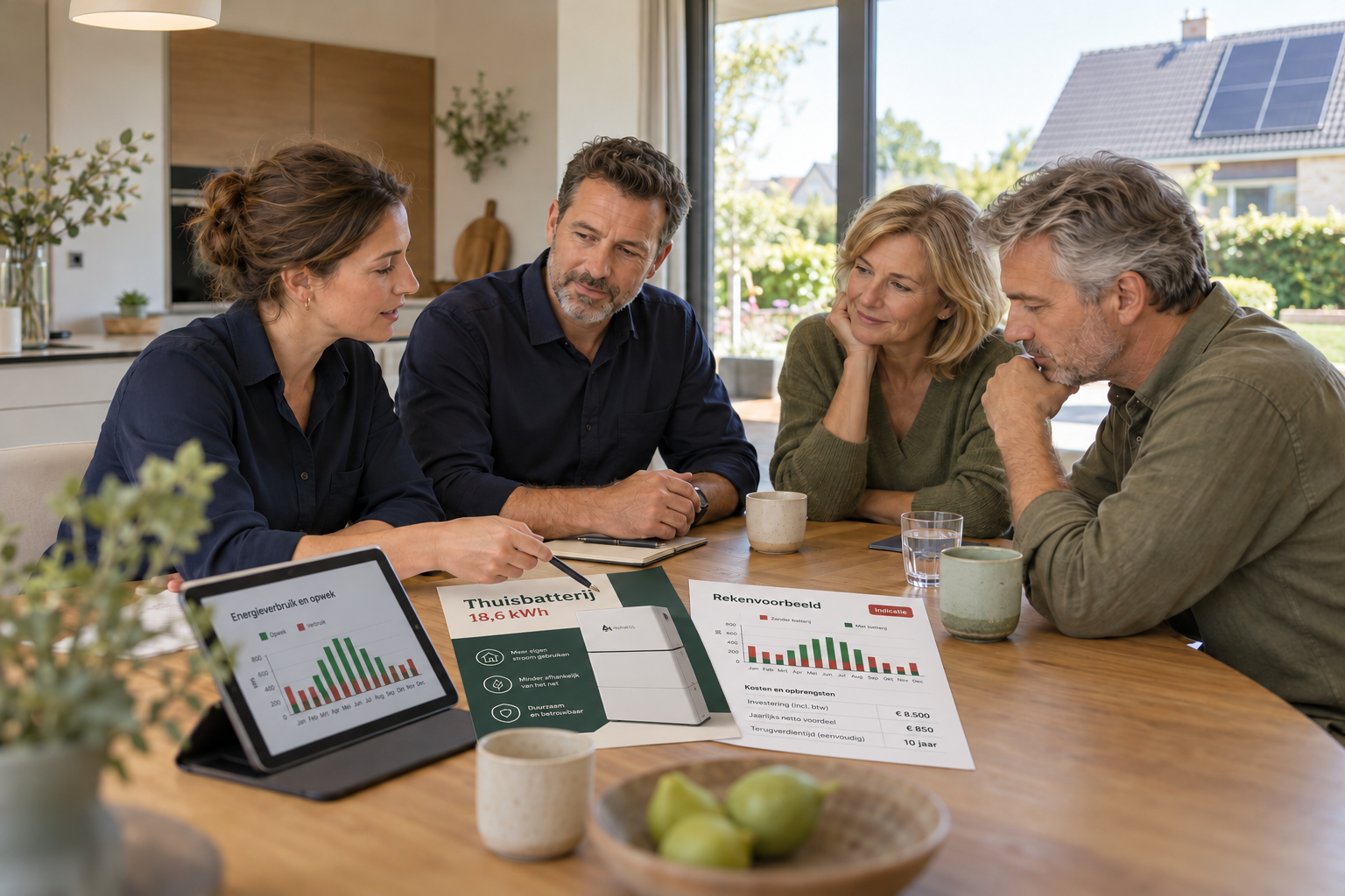 Persoonlijk energieadvies aan de keukentafel met een thuisbatterijfolder en rekenvoorbeeld