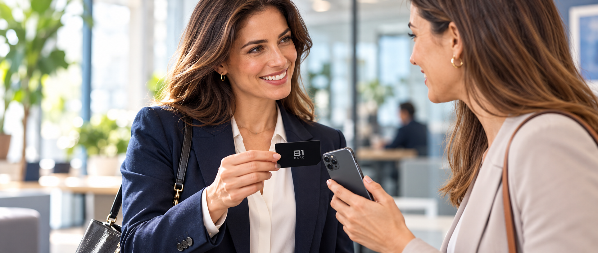 Twee vrouwelijke professionals tijdens een ontmoeting met een B1 Card en smartphone