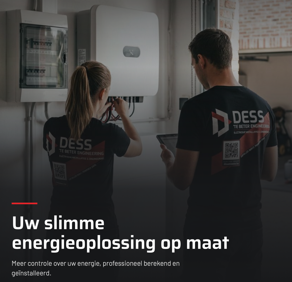 Techniekers in Desstebeter-werkkleding bij de installatie van een energiesysteem
