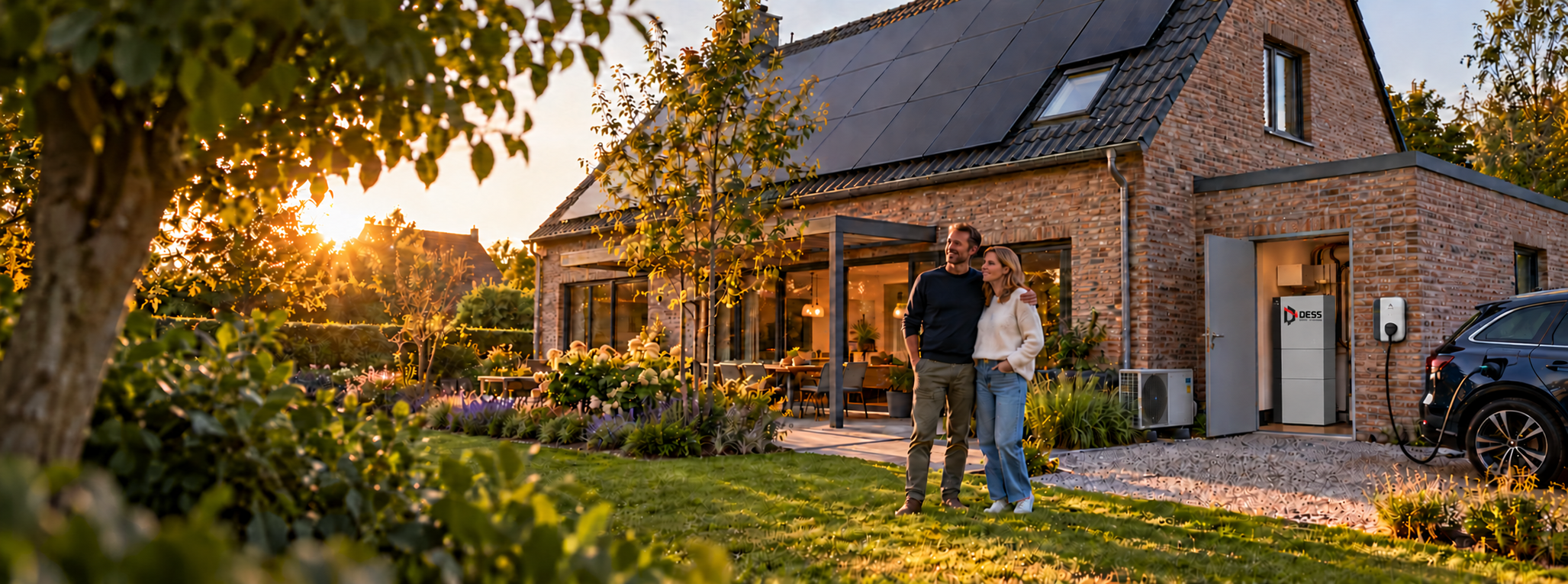 Woonhuis met zonnepanelen, AlphaESS SMILE-G3 met twee 9,3 kWh batterijmodules en omvormer, AlphaESS EVCT11 laadpunt en bewoners