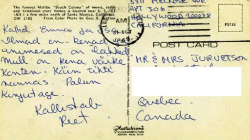 Post card mailed by Reet Jurvetson to her parents.