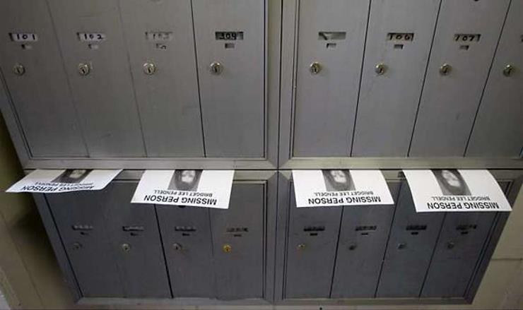 Jackie Horne leaves missing person posters on mailboxes in the Haight district of San Francisco. Photo courtesy of SF Gate/Flier courtesy Kym Pasqualini - National Center for Missing Adults.