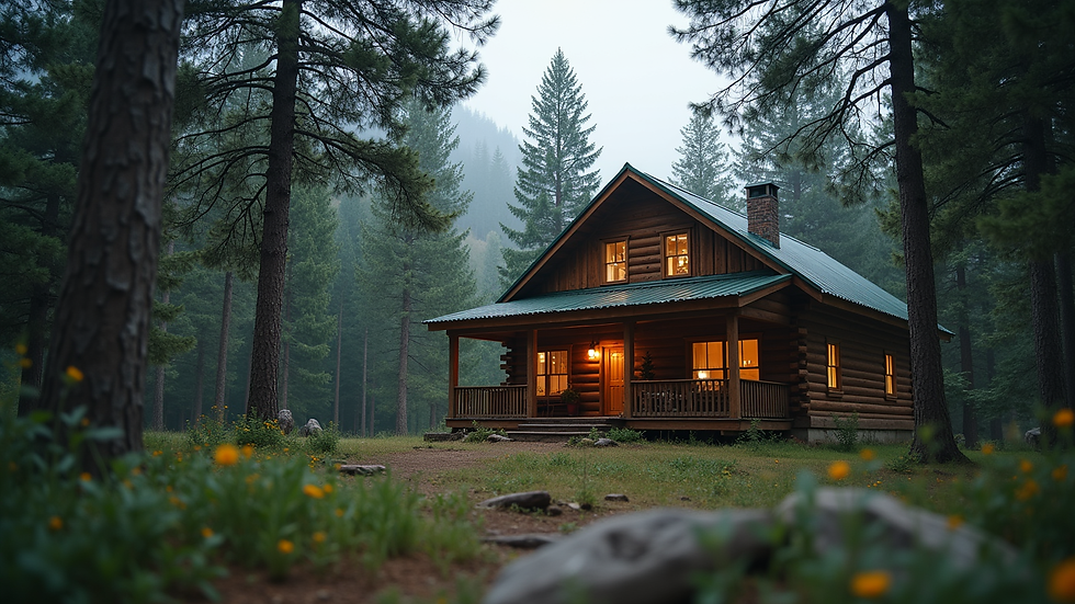 Eye-level view of a cozy mountain cabin surrounded by trees