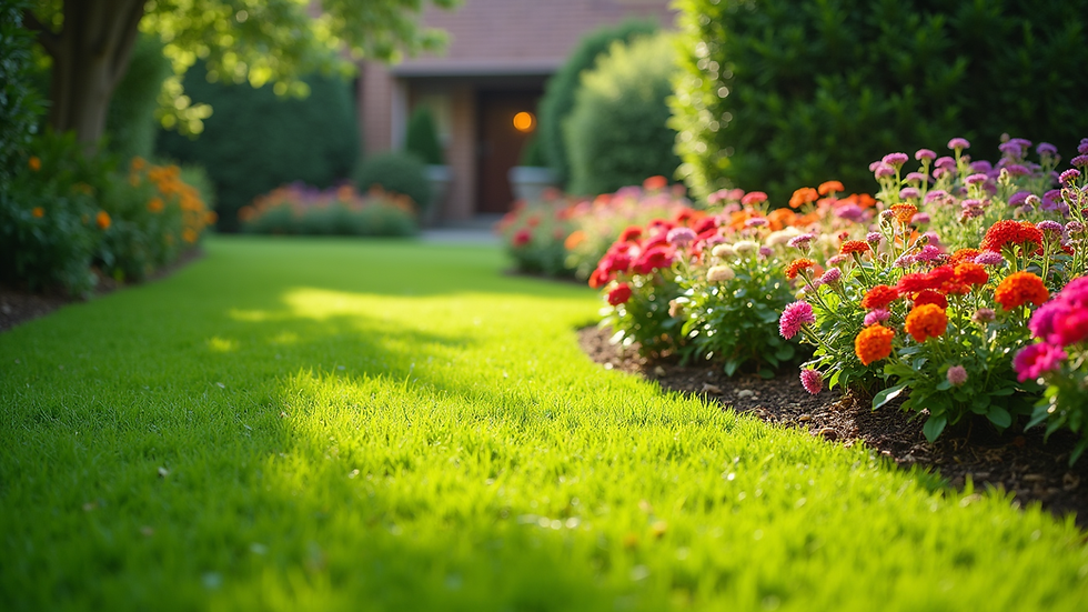 Wide angle view of a lush green lawn with vibrant flower beds