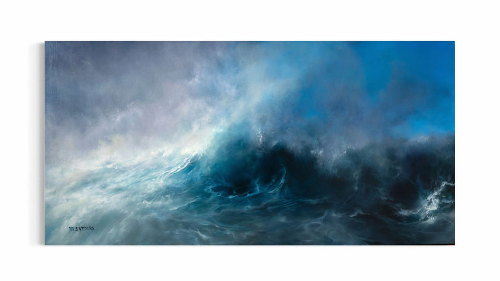Original seascape oil on linen canvas painting Aether by fine artist Marina Syntelis, featuring dynamic ocean waves and textured sea spray blending into a luminous, unvarnished atmospheric sky