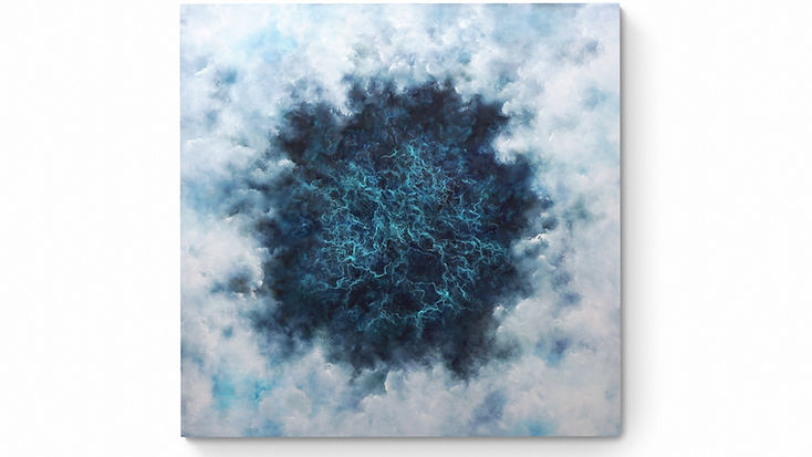 'I IN THE SKY' square original oil painting on canvas by Marina Syntelis, a sea-inspired abstract work blending clouds and atmospheric forms. Created as a personal escape from global turmoil, the painting invites open interpretation—suggesting water, sky, or both—without a fixed orientation. A meditative, emotionally detached perspective seeking peace and stillness. Available for sale.