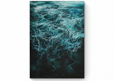 Waterdance is an abstract seascape painting with blue and turquoise water ripples, high horizon, and deep ocean tones. Modern ocean wall art capturing motion and depth.