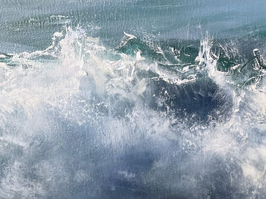 powerful expressive brushstrokes and palette knife marks creating motion and texture in a crashing wave painting by the Greek contemporary painter Marina Syntelis.