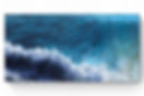 'ONE BREATH' oil painting on canvas by Marina Syntelis capturing the moment of a diver’s single breath underwater. The seascape blends views from above the waves to beneath the surface, with colors transitioning from turquoise to violet blue. An evocative portrayal of the ocean’s depth and movement, available for sale.