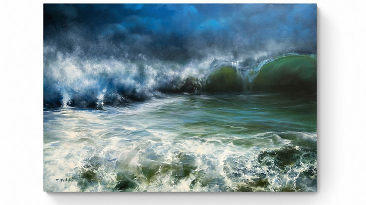 Ogygia, an original oil painting by Marina Syntelis, featuring a luminous emerald wave and dark, atmospheric clouds. Created on handmade canvas using traditional 17th-century techniques without varnish.
