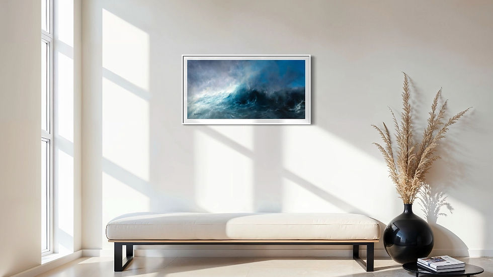 A large seascape oil painting in a sleek white frame hung on a minimalist white wall above a contemporary wooden bench. The setting is a bright, airy room with clean lines, neutral tones, and natural light streaming in from an adjacent large window.