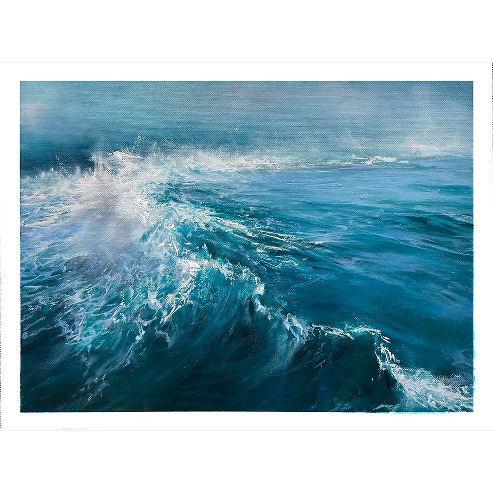 Seascape oil sketch on paper, featuring a crashing turquoise wave with white spray under a misty horizon.