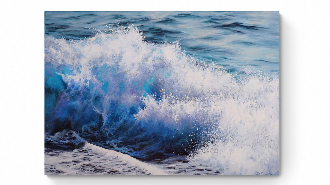 Seascape painting titled "Rough Sea II" by Marina Syntelis featuring a bright, translucent crashing wave, expressing ocean energy and coastal beauty.