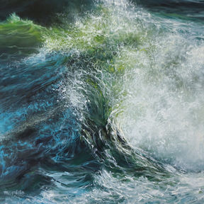'Kymothoe' oil painting on canvas by Marina Syntelis showing a close-up of a crashing green wave. Inspired by the Ancient Greek sea nymph Kymothoe, known for playfully stirring the sea, the artwork captures the sense of divine touch adding motion and color to the dark ocean. Available for sale.