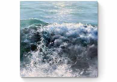 Seascape oil painting titled "Beauty and the Beast" by Marina Syntelis showing bright, sparkling summer waters near the horizon contrasted with dark, violent waves in the foreground.
