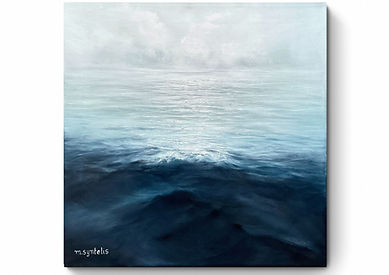 Original seascape oil painting on canvas by Marina Syntelis. This unique artwork captures the vastness of a calm ocean, rendered in tonal shades of blue and grey.