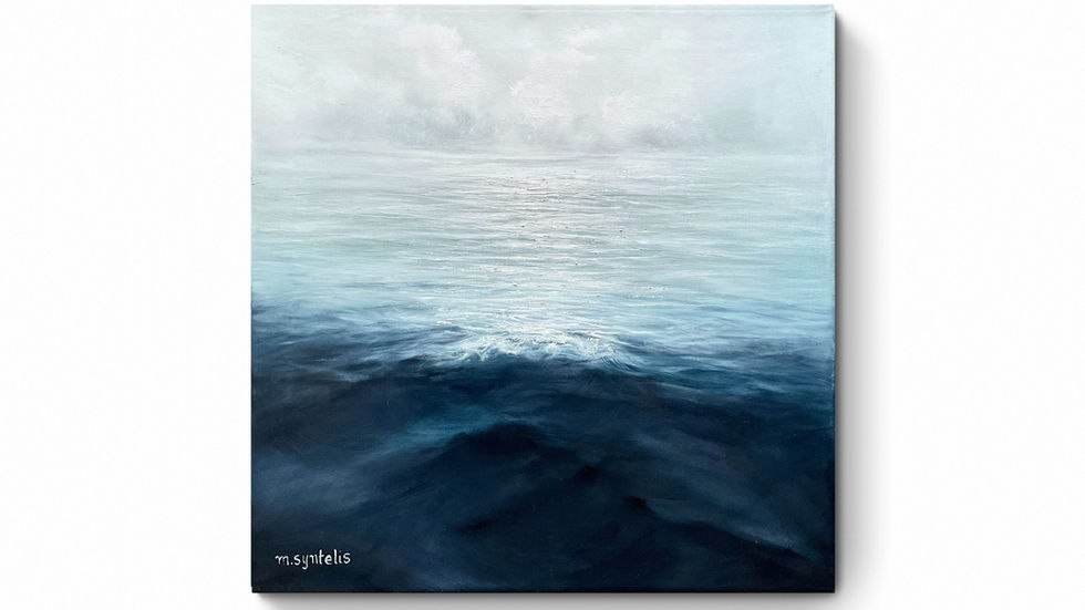 ANTIO original seascape oil painting on canvas by Marina Syntelis. This unique artwork captures the vastness of a calm ocean, rendered in tonal shades of blue and grey.