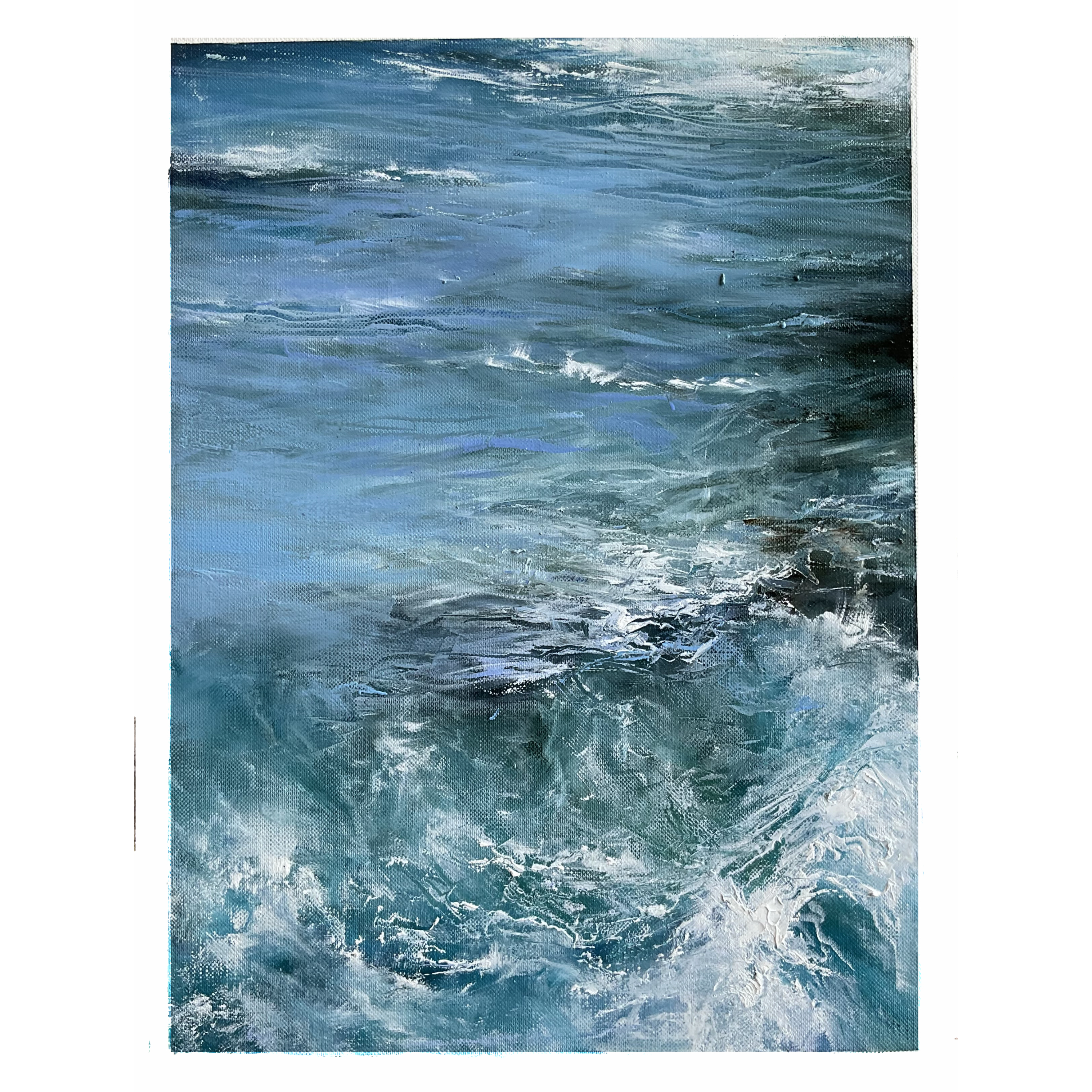 Abstract seascape painting of crashing waves in blue, turquoise, and white, created with layers of paint by Marina Synt