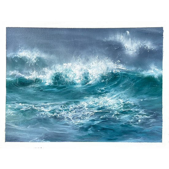 Original seascape oil painting sketch of crashing turquoise waves under a dramatic sky.