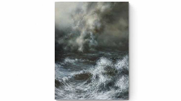 'SMOKE ON THE WATER' original seascape oil painting on canvas by Marina Syntelis. Featuring grey, brown, and blue tones, it depicts a sea engulfed in smoke and fire, symbolizing darkness, violence, fear, uncertainty, and hope. Created during the 2020 Covid-19 pandemic, the painting subtly reveals a lady’s figure in the smoke, representing hidden hope amid crisis.
