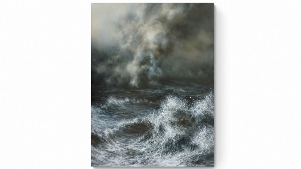 'SMOKE ON THE WATER' original seascape oil painting on canvas by Marina Syntelis. Featuring grey, brown, and blue tones, it depicts a sea engulfed in smoke and fire, symbolizing darkness, violence, fear, uncertainty, and hope. Created during the 2020 Covid-19 pandemic, the painting subtly reveals a lady’s figure in the smoke, representing hidden hope amid crisis.