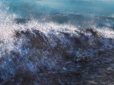 Original seascape painting by Marina Syntelis with crashing waves and storm clouds, where hidden human figures emerge from the forms and layers of paint.