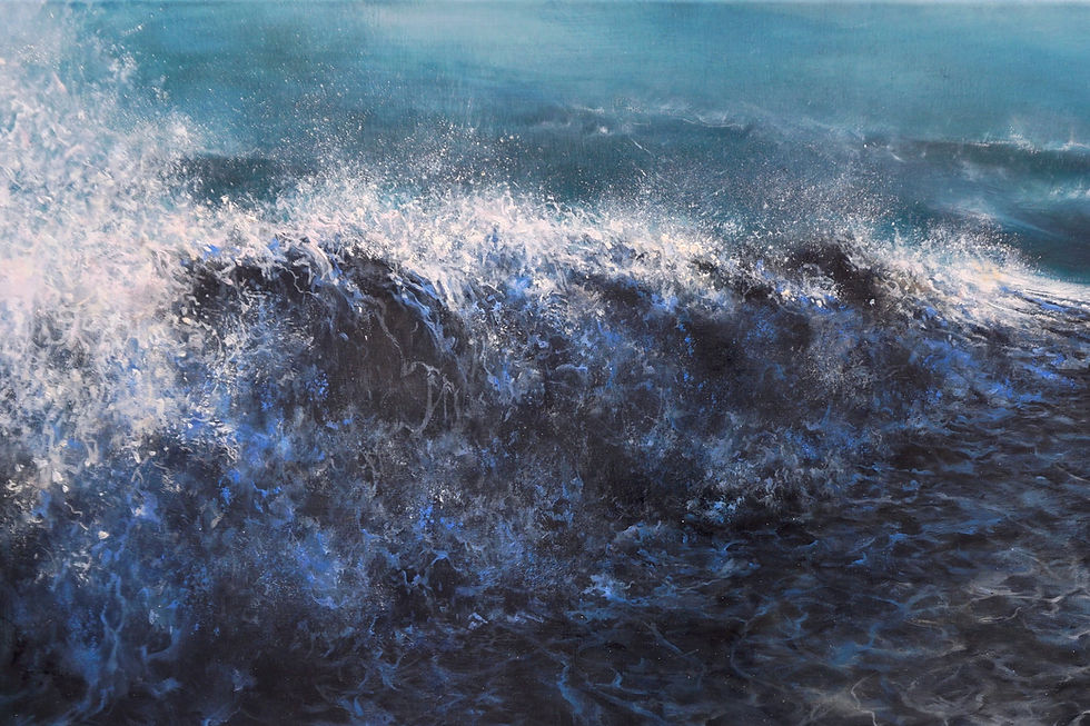 Original seascape painting by Marina Syntelis with crashing waves and storm clouds, where hidden human figures emerge from the forms and layers of paint.