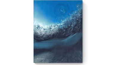 Blue-toned abstract painting titled 'Beneath,' inspired by an underwater perspective showing the sky above, shifting water surface, and seabed below. Soft, layered shapes and flowing light convey a quiet, immersive feeling of being between worlds, surrounded by space and movement.