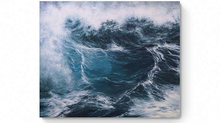 Aegean seascape painting by Marina Syntelis inspired by an aerial view of Tainaron Peninsula, southern mainland Europe. Abstract yet realistic depiction of unique winter Aegean waves with wild sea colors on a large canvas.