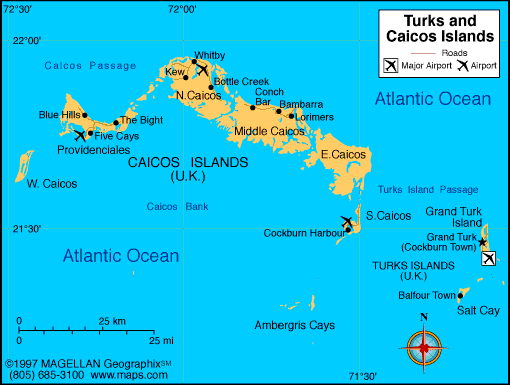 Map of Turks and Caicos Islands in the Caribbean.