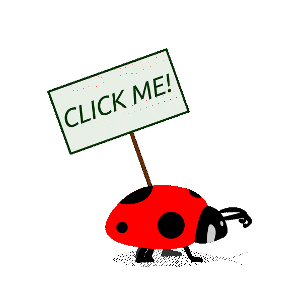 An animated ladybird carrying a sign saying "Click me"