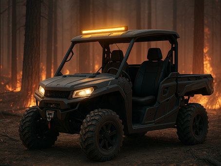 Off-road utility vehicle equipped for wildfire evacuation, positioned in front of burning trees in a dense forest.