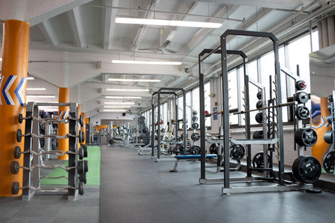 Full power racks are pictured lining the wall on the right, along with a bench press. Left side shows a set of fixed EZ curl bars. 