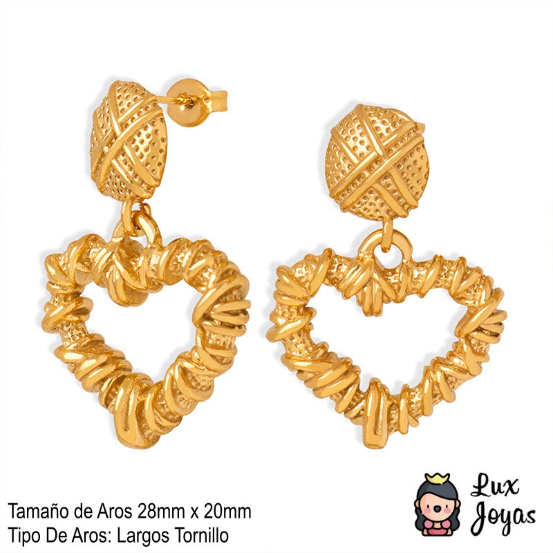 Miniatura: Aros Baño Oro 18K Largos Corazón Enredado