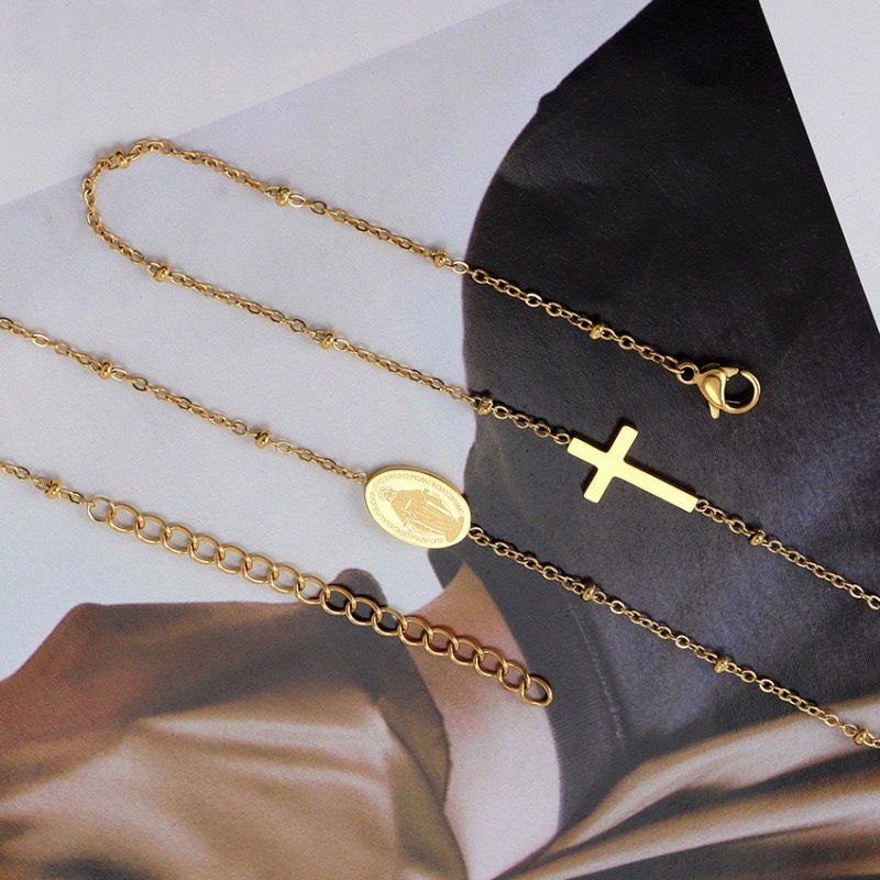 Miniatura: Collar Baño Oro 18k Pelotitas Cruz Virgen Rayos