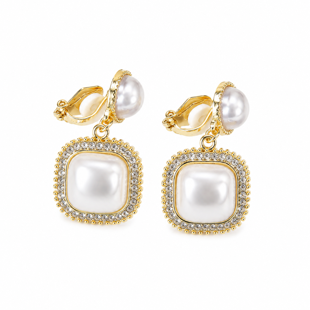 Aros Clip Enchape Oro Perla Dob Cuad Circ