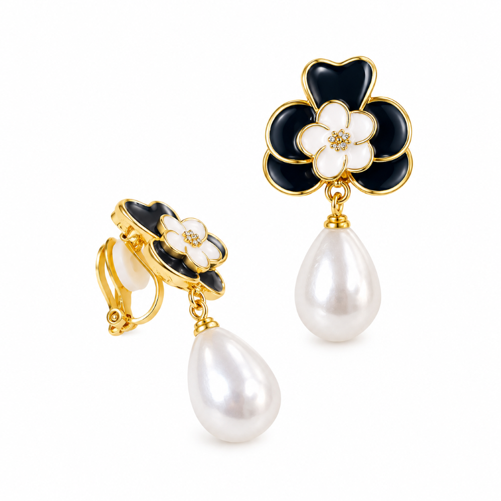 Aros Clip Enchape Oro Flor Nb Perla Gota